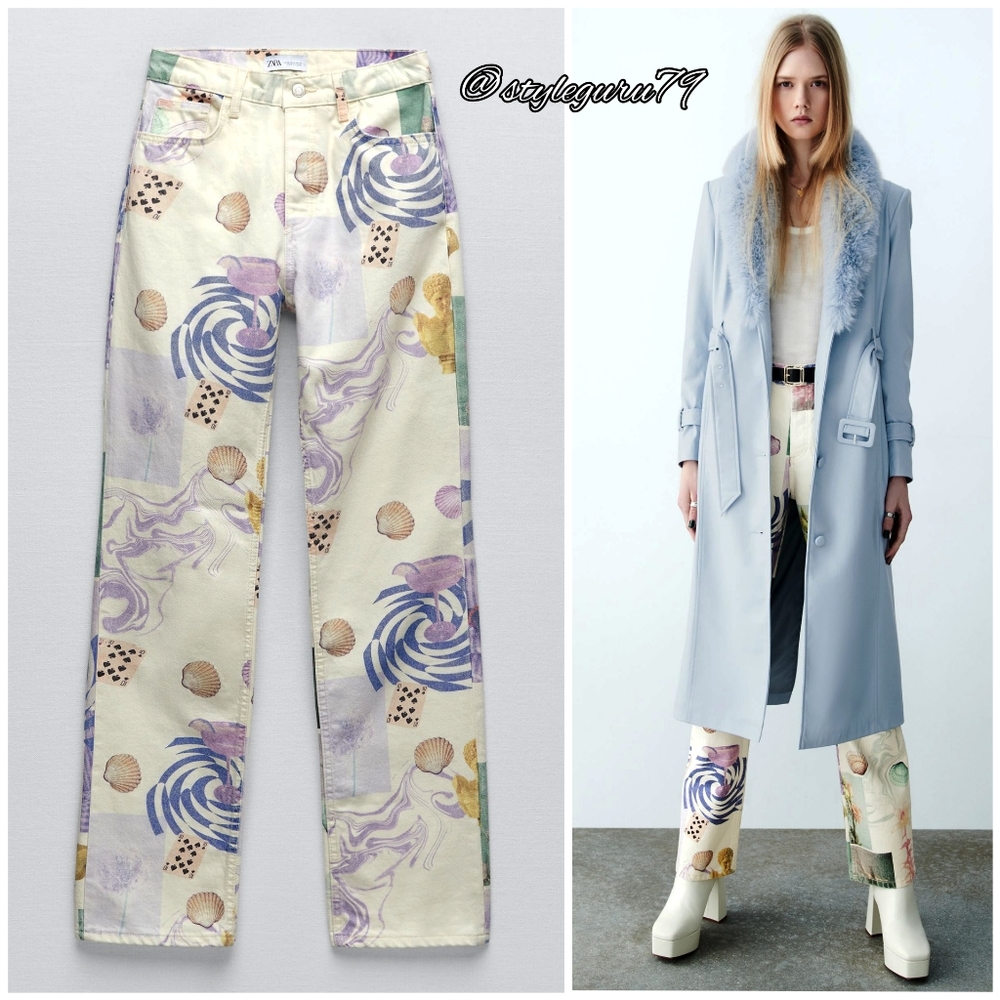 NWT, ZARA, Floral Seashell Printed Hi Rise Jeans